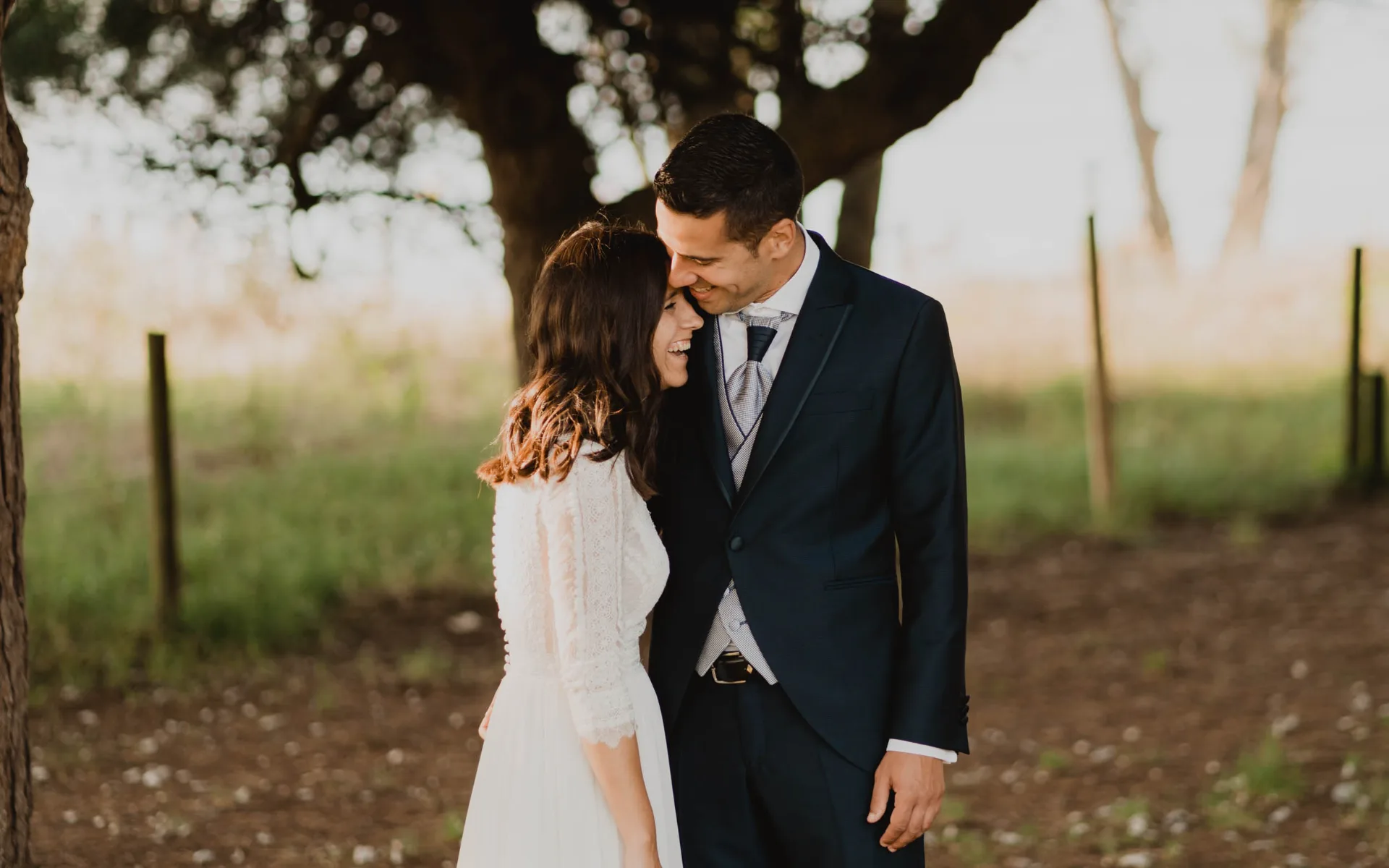Novio besando la frente de la novia bajo un árbol